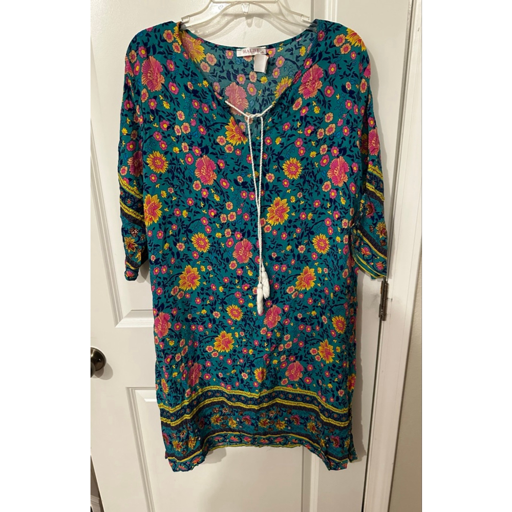 HALIFE Teal Pink Floral Tunic Top Plus 2XL